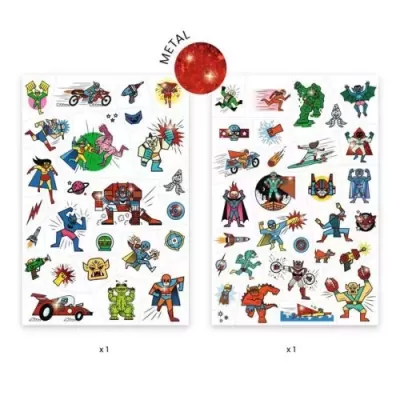 Duas folhas de autocolantes coloridos de super-heróis e veículos com acabamento metálico
