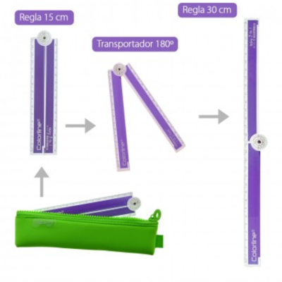 Conjunto régua e transportador roxo com estojo verde