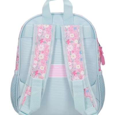 Mochila azul clara com alças florais e bolsos laterais em rede