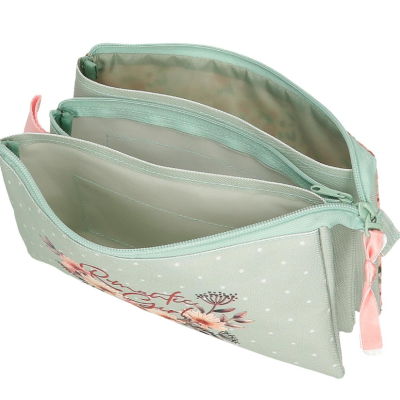 Bolsa pequena verde água com pontos brancos, fechos de correr e estampa floral