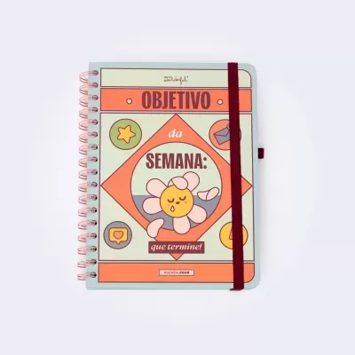 Caderno capa dura verde clara e laranja com ilustração e texto, elástico vermelho e espiral rosa.