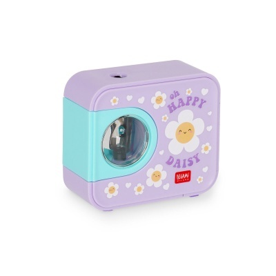 Apontador de lápis lilás e azul com flores e texto decorativo