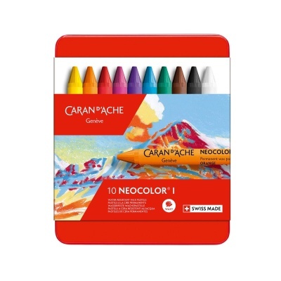 Conjunto de 10 pastéis de cera Caran dAche Neocolor I em caixa metálica vermelha