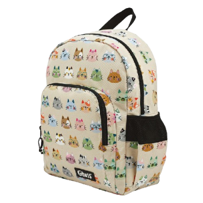 Mochila bege com padrão colorido de rostos de gatos e bolso frontal