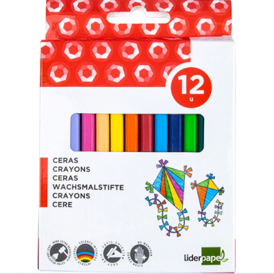 Pacote de 12 ceras coloridas de desenho com embalagem branco e vermelha