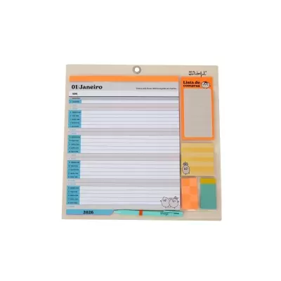 Calendário de papel com blocos de notas autocolantes coloridos e caneta azul