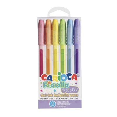 Pack de seis canetas de tinta gel pastel CARIOCA Fiorella coloridas em embalagem de plástico