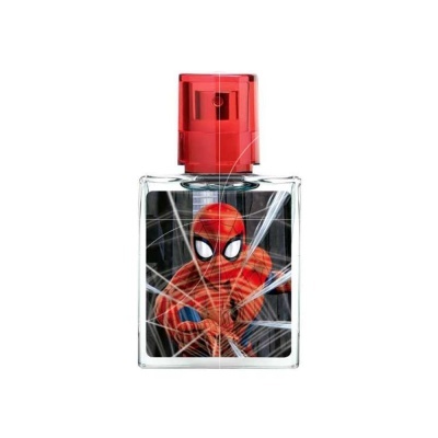 Frasco quadrado de perfume com imagem do Homem-Aranha e tampa vermelha