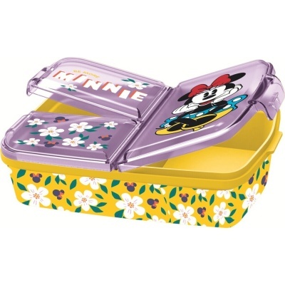Caixa de lancheira amarela com tampa roxa e estampa da Minnie Mouse e flores
