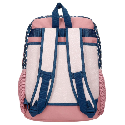 Mochila rosa e azul com alças acolchoadas e padrão de corações brancos