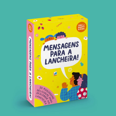 Caixa colorida de mensagens para lancheira com ilustrações e texto em português.