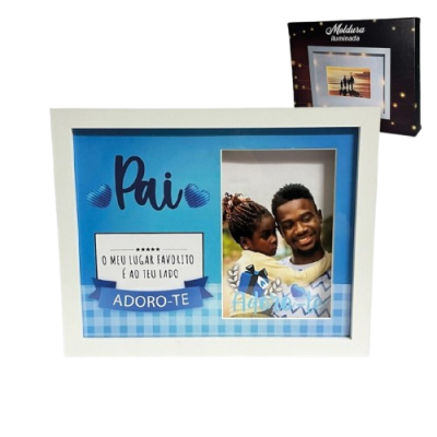 Moldura iluminada branca com texto e fotografia de pai e filho
