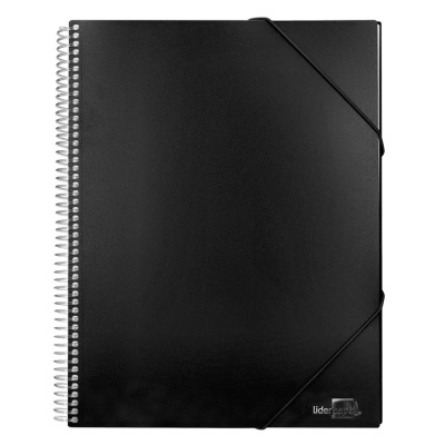 Caderno preto com espiral metálico e elástico de fecho