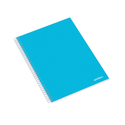 Caderno espiral com capa azul e texto 'ambar.' no canto inferior direito