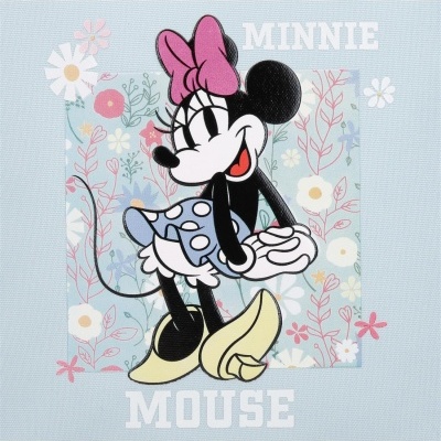 Ilustração da personagem Minnie Mouse sobre padrão floral com texto MINNIE MOUSE