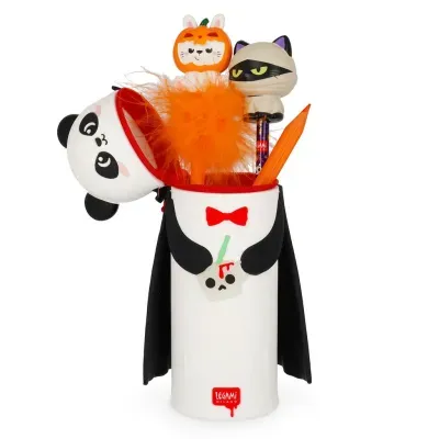 Estojo panda com canetas decoradas e pompom laranja