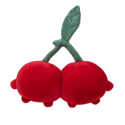 Almofada em forma de cerejas vermelhas com folhas verdes