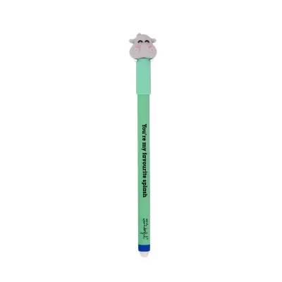 Caneta verde com tampa cinzenta em forma de cabeça de hipopótamo e texto impresso.