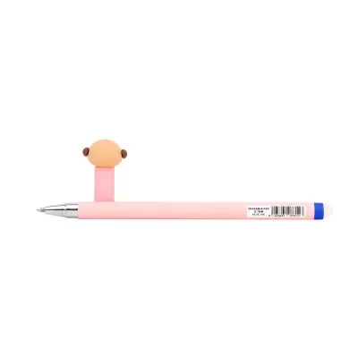 Caneta rosa apagável com tampa azul e suporte de cabeça de boneco