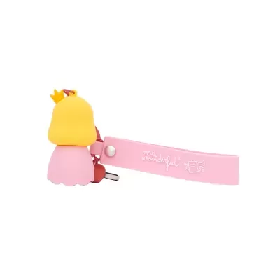 Chaveiro de sino rosa e amarelo com coroa e tira rosa com texto mr. wonderful