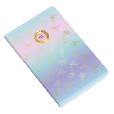 caderno com capa pastel e borboletas douradas