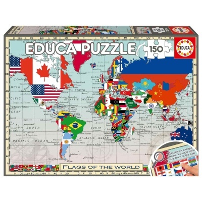 Caixa de puzzle com 150 peças de mapa mundial com bandeiras dos países.