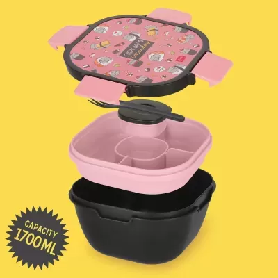 Comidaira rosa com tampa decorada com desenhos de sushi e recipiente preto
