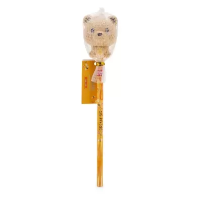 Lápis amarelo com topo de urso castanho claro embalado em rede branca