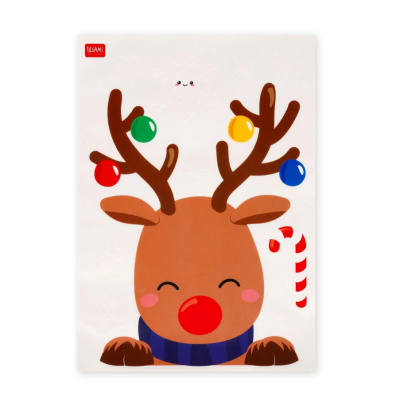 Cartaz de rena divertida com bolas coloridas nas galhadas e bengala doce