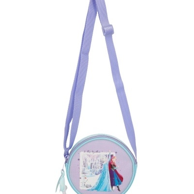 Mala redonda lilás infantil com imagem Frozen e alça lilás.