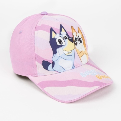 Boné rosa com ilustração de cães animados e texto Bluey