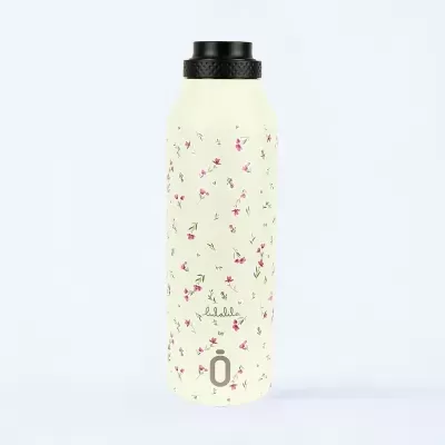 Garrafa de água creme com flores rosas e verdes e tampa preta