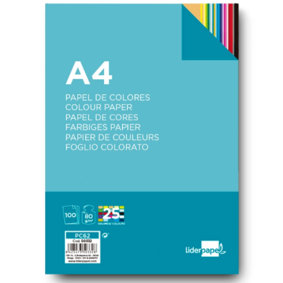 Pacote de papel colorido A4 da marca Liderpapel com várias cores visíveis no canto superior direito