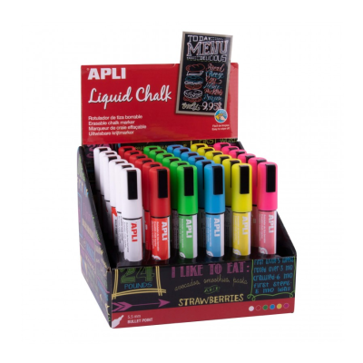 Marcadores de giz líquido APLI coloridos em expositor