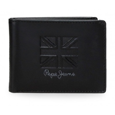 Carteira preta com relevo da bandeira do Reino Unido e logo Pepe Jeans