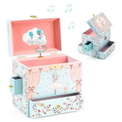 Caixa de música decorativa azul clara com figura giratória e cores rosa