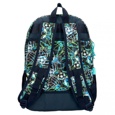 Mochila com padrão abstrato azul, branco, verde e preto vista de trás