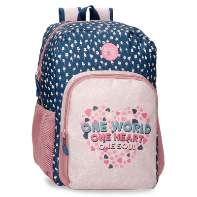 Mochila azul escuro e rosa com bolsos e texto decorativo