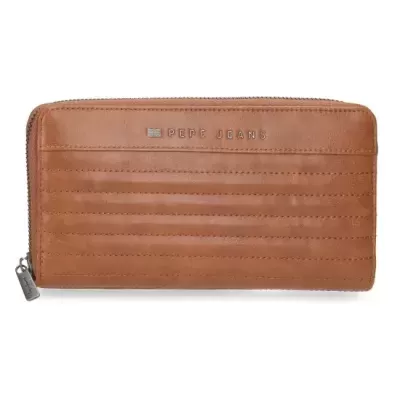 Carteira castanha clara em couro sintético com fecho zip e logótipo PEPE JEANS