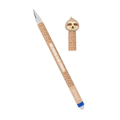 Caneta esferográfica com tampa bicho-preguiça e padrão bege e castanho.