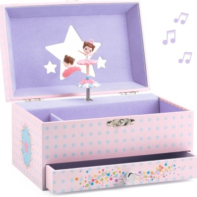 Caixa de música rosa com bolinhas azuis e bailarino em saia rosa