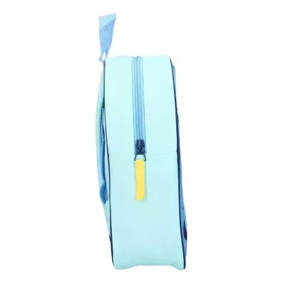 Mochila pequena azul claro com fecho e puxador colorido