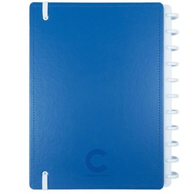 Caderno azul com capa sintética e argolas brancas