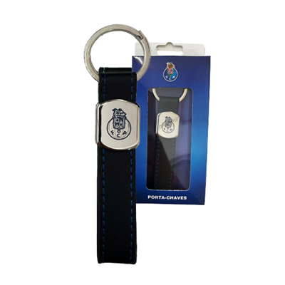 Porta-chaves FC Porto preto com costura azul e chapa metálica com brasão
