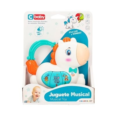 Brinquedo musical em forma de unicórnio branco com crina e cauda laranja