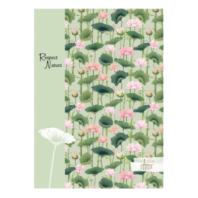 Padrão floral com flores de lótus rosas e folhas verdes, texto 'Respect Nature' e etiqueta 'ATELIER PAPETERIE'.