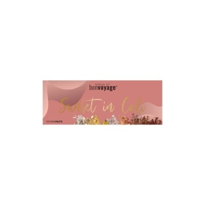 Paleta de sombras rosa com texto dourado e flores