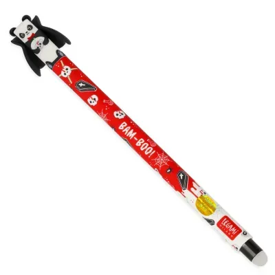 Caneta vermelha decorada com caveiras e panda no topo.