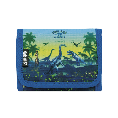 Carteira azul com estampa de dinossauros e texto Stone Age Adventure