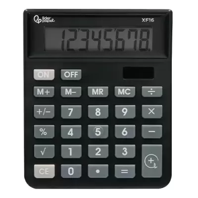 Calculadora preta com ecrã digital e botões cinza e bege